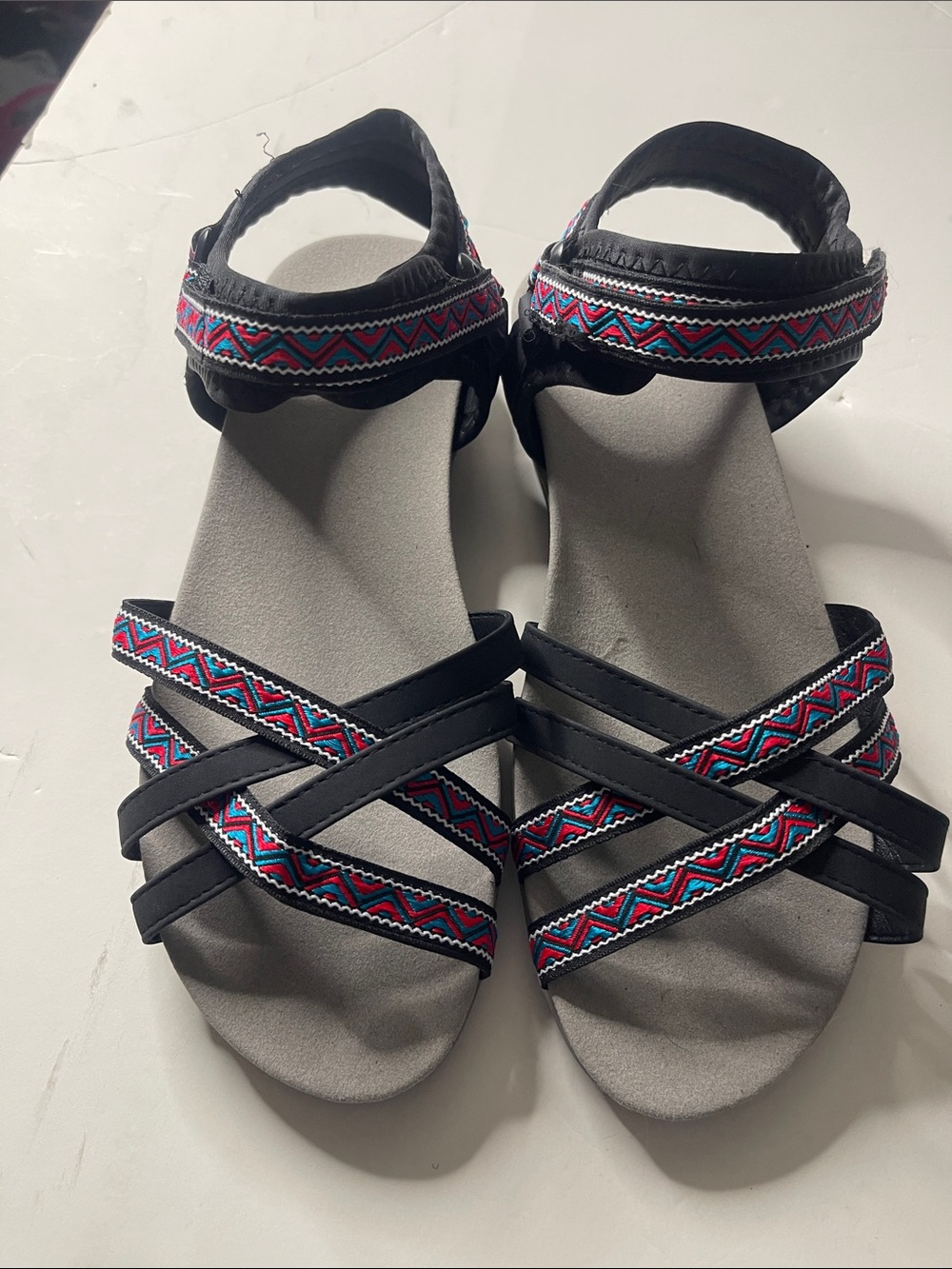 Women's Black Strappy Sandals with Red & Blue Pattern